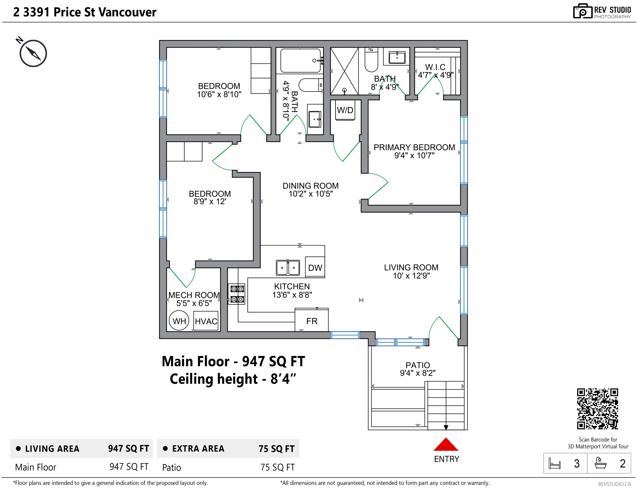 Floor plan of 2-3391 Price Street: the living room by the front door, the dining room and the kitchen; the primary bedroom with its bathroom and walk-in closet, a second bedroom, a third room drawn as a bedroom, a bathroom, a laundry closet and the mechanical room; the patio and steps outside the door