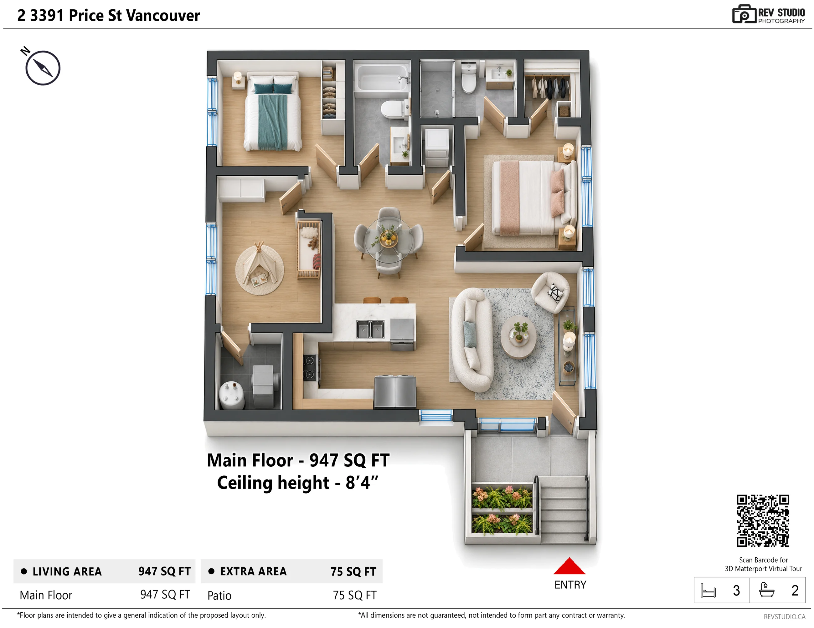 The floor plan drawn in 3D from above, with furniture drawn in
